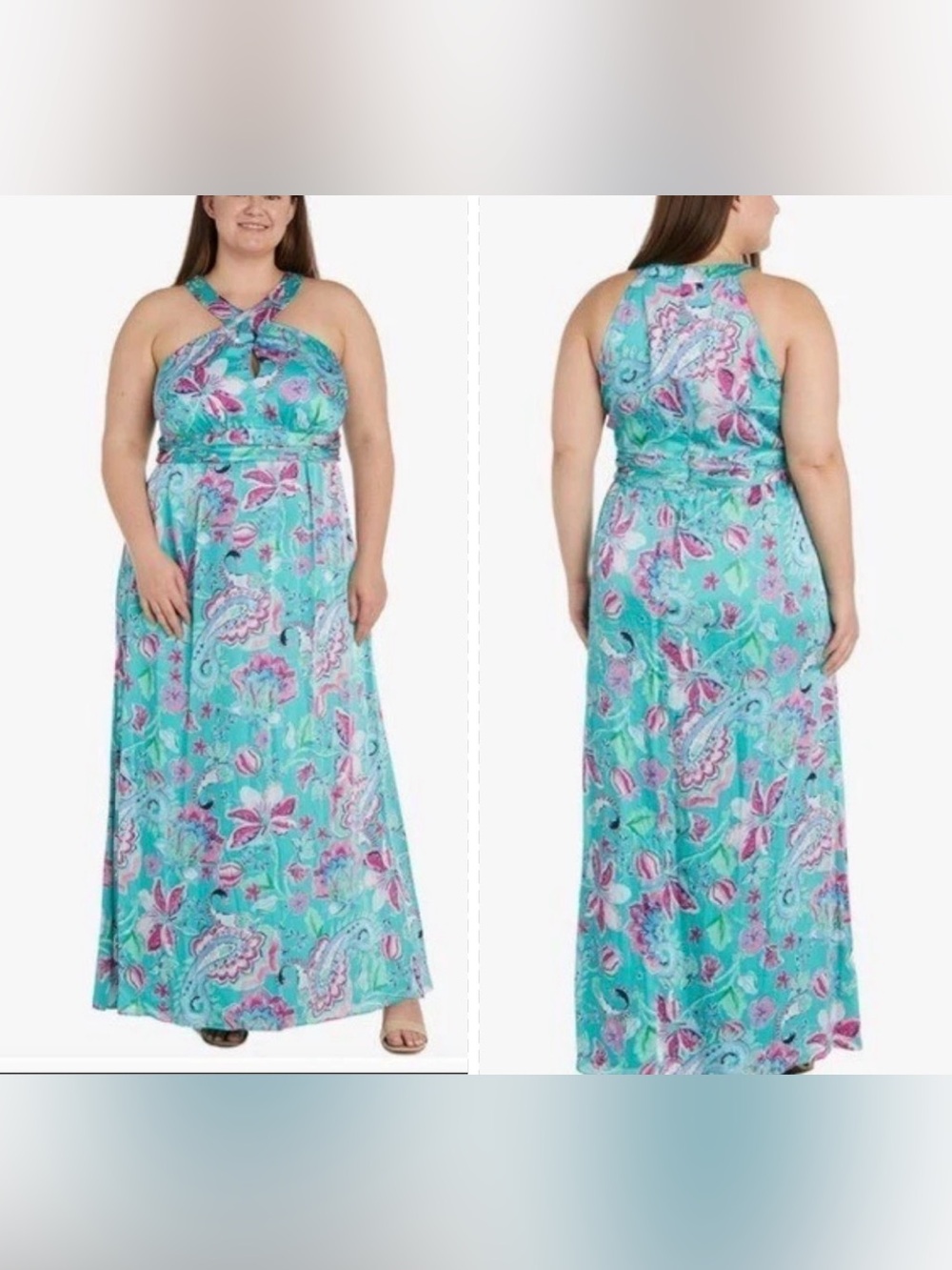 Turquoise Floral Halter Maxi Dress - Plus